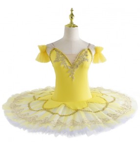 Girls kids yellow ballerina ballet dance dress tutu skirts pancake flat tutu professional little swan lake dancing leotard dresses for kids